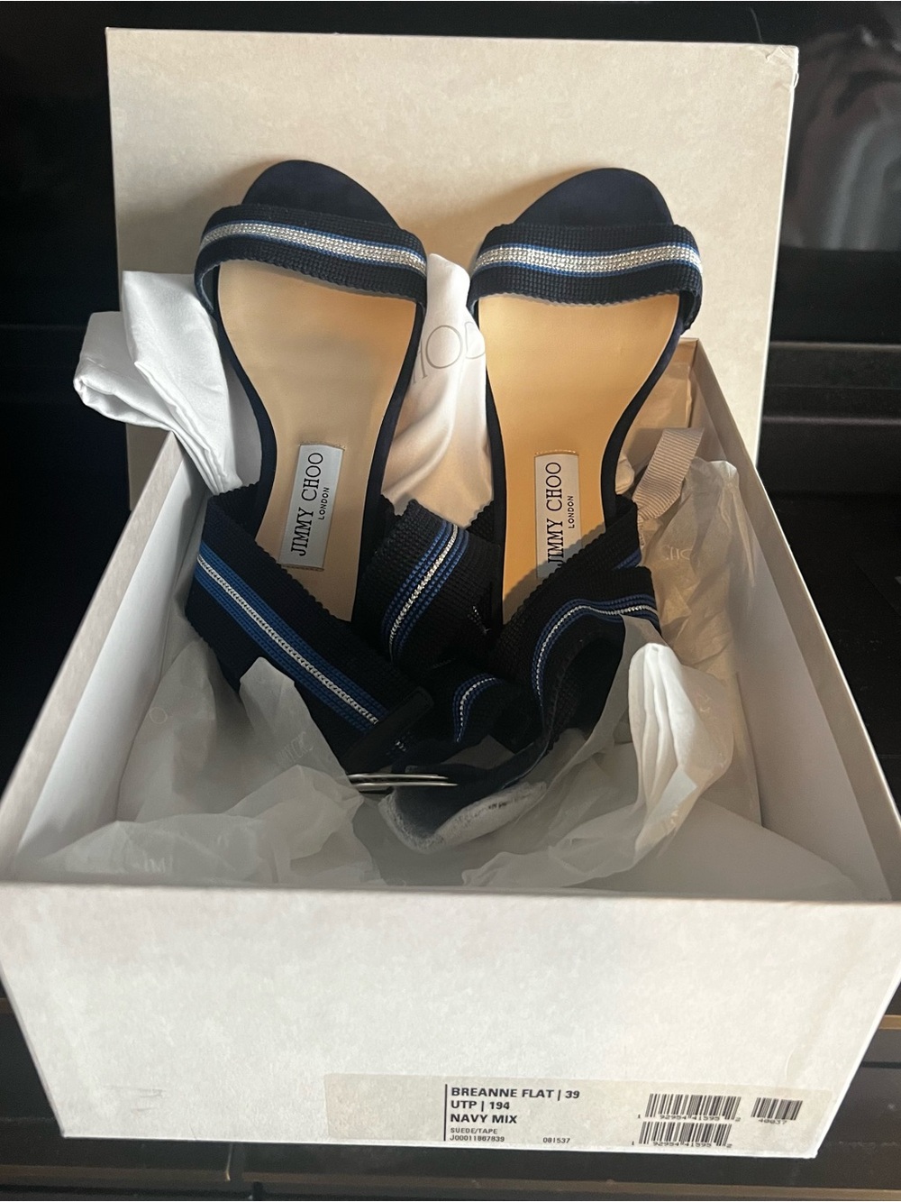 NEW NEVER WORN Jimmy Choo Navy Mix Breanne Flat Sandals - Navy/White